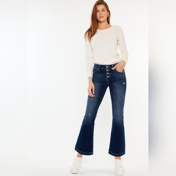 KanCan Mid-Rise Jeans Slim Fit Tapered Flare Button Fly Distressed Denim Pants - Picture 10 of 13